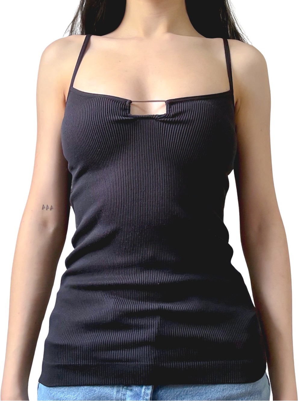 ARDENE Slim Ribbed Keyhole Spaghetti Strap Tank Top Black Size S GUC